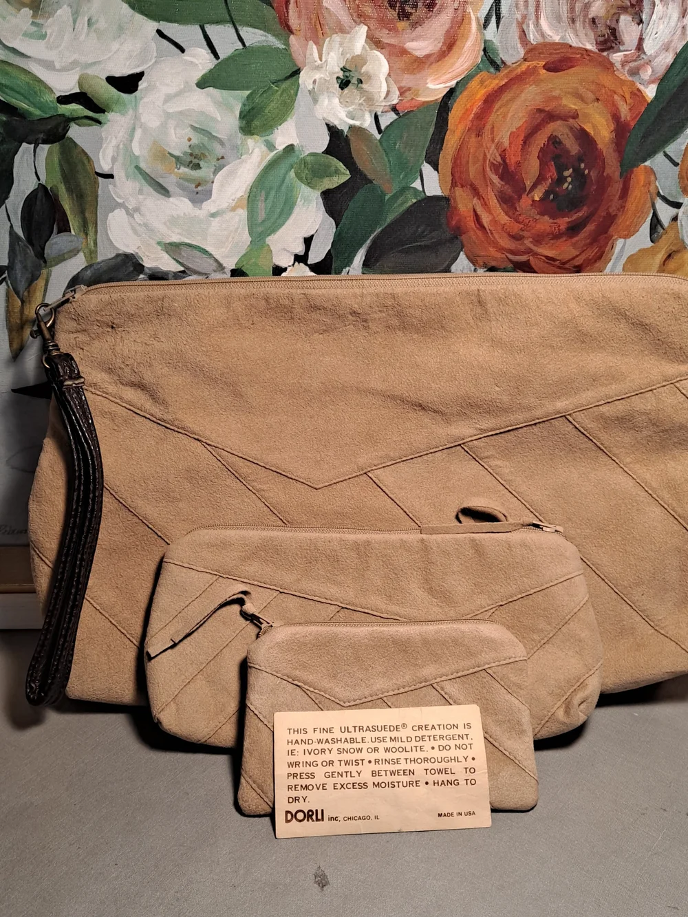 Dorli Tan Ultra Suede Wristlet Clutch Set - 3-Piece Vintage 80s Patchwork Design